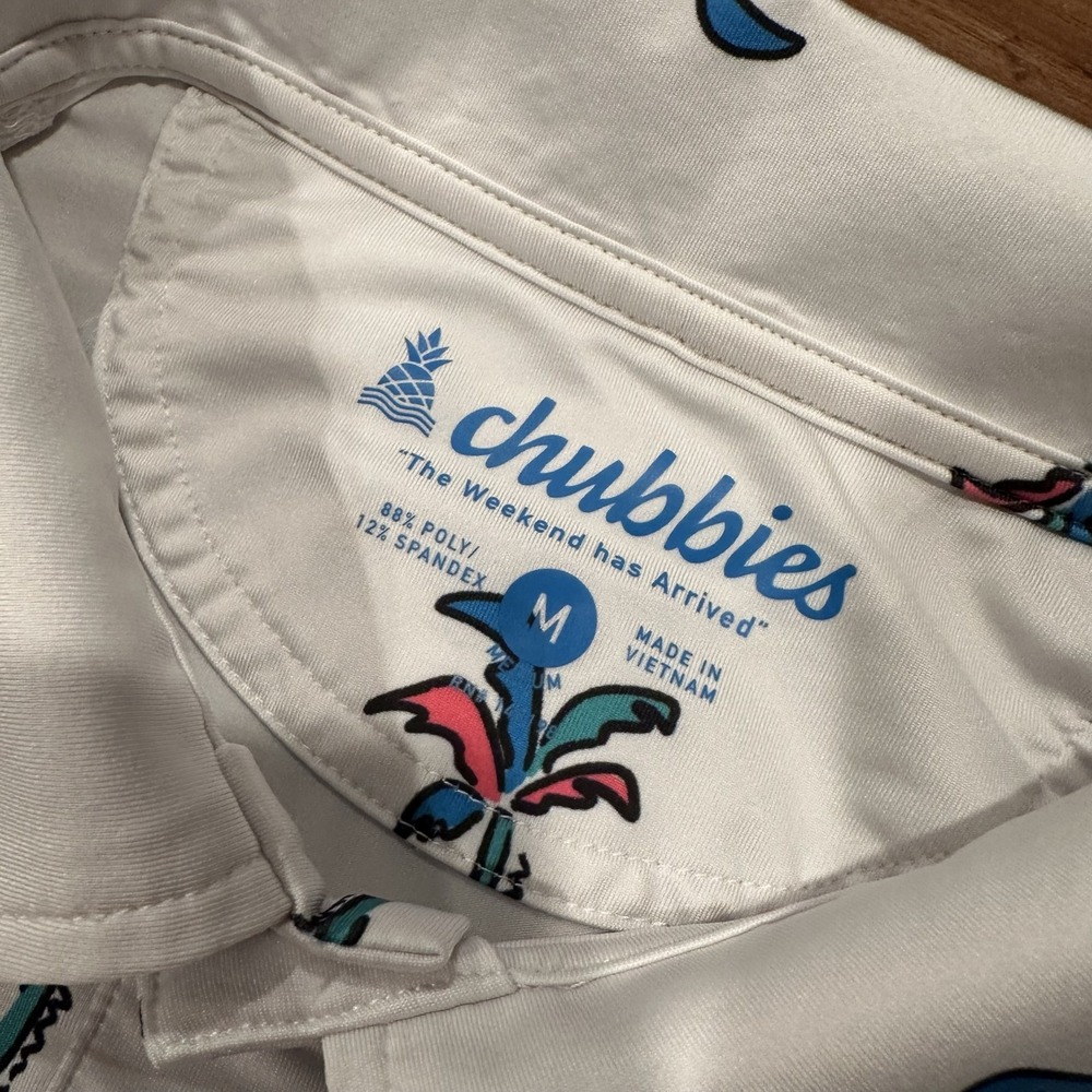 Chubbies Polo Shirt Mens Medium White Palm Tree Graphic Performance Golf Stretch - Picture 3 of 8